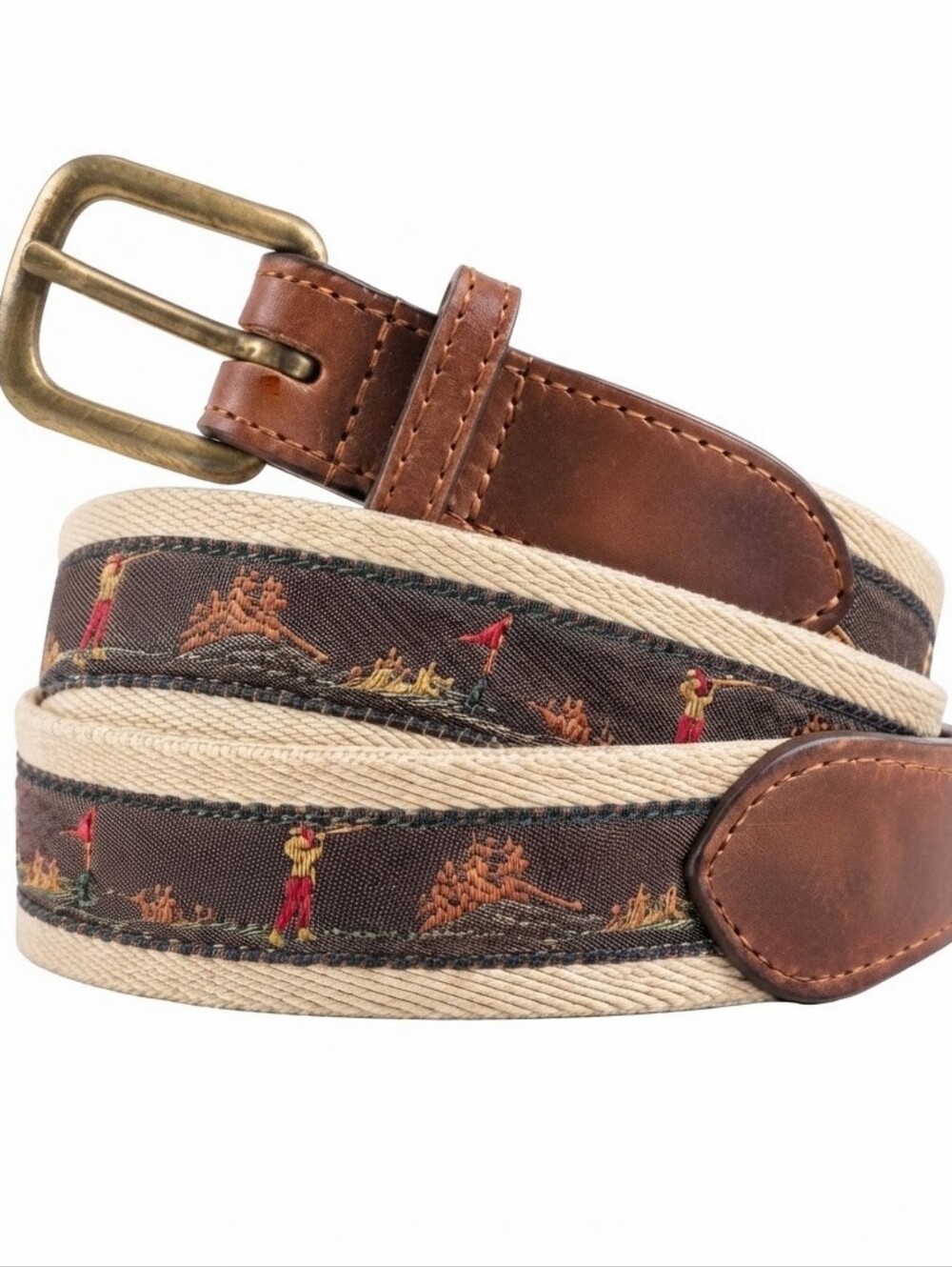 Vintage Golf Embroidered Leather Belt with Brass Buckle